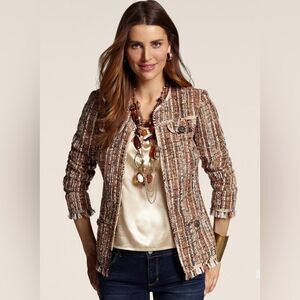Chico's Jacket Wool Brown Cream Gold Size L